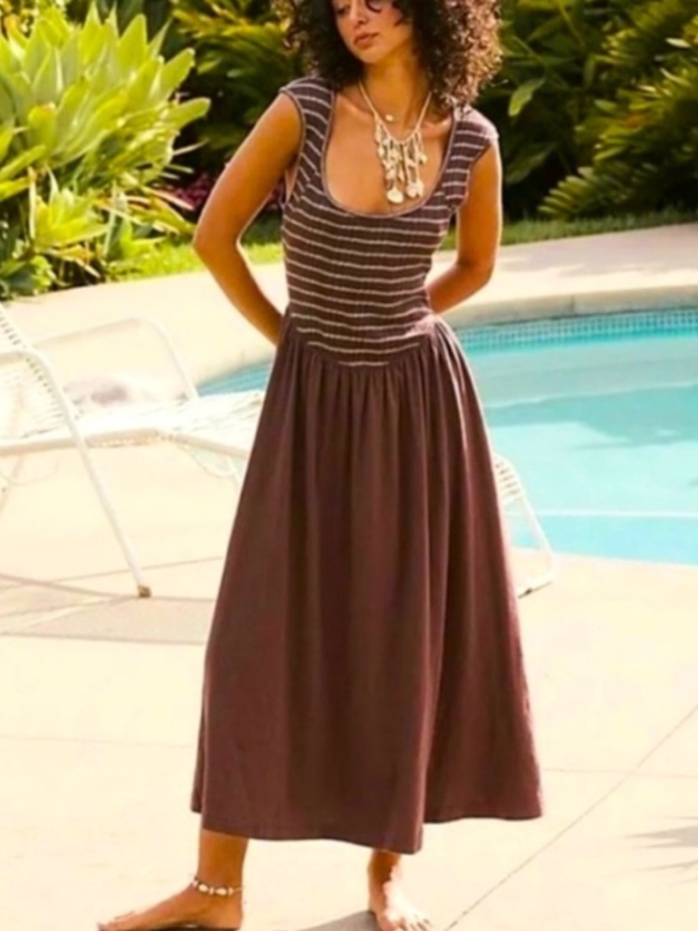 Free People Brown Alana Open-Back Striped Cotton Midi Dress Pockets